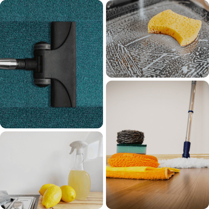 Vacuum, sponges, lemon-based home cleaner in spray bottle and dust broom