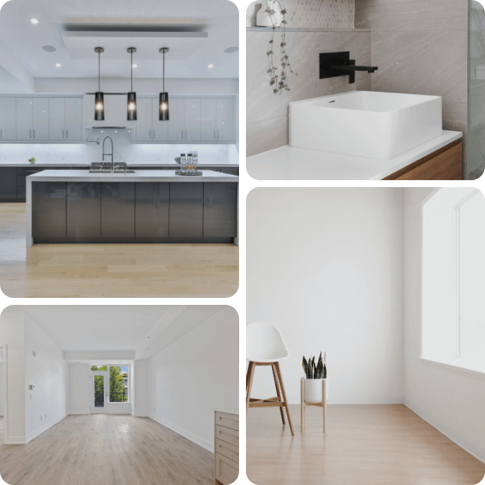 Kitchen, bathroom sink and rooms in a nearly empty home